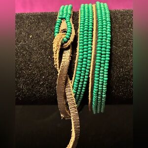 Chan Luu emerald green beaded leather wrap bracelet.